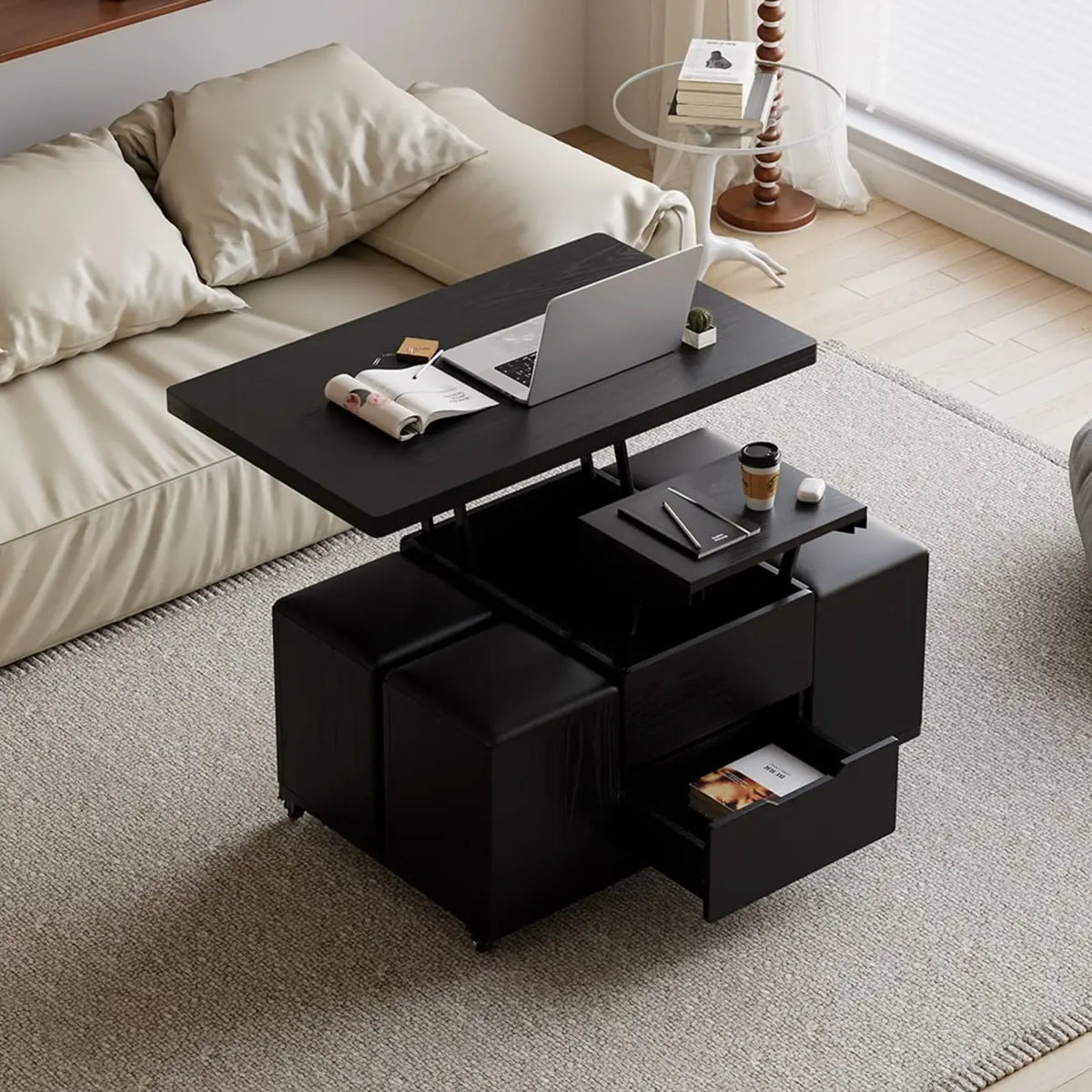 Klappbarer Couchtisch mit Liftfunktion, 4 Hockern und Stauraum