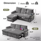 Dyonery 2-in-1 Schlafsofa ausziehbar mit Stauraum-Recamiere, Cord-Ecksofa mit USB-Anschlüssen für das Wohnzimmer