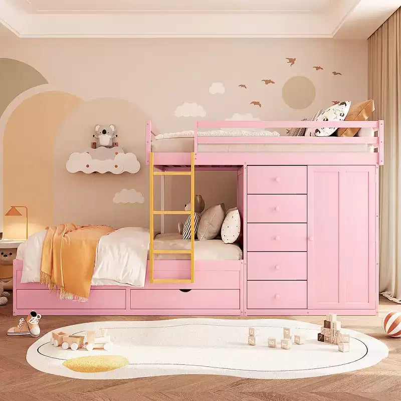 Etagenbett „Full-over-Full“ mit Kleiderschrank und Schubladen, platzsparendes Etagenbett aus Holz in voller Größe mit Rausfallschutz für Apartment, Schlafzimmer