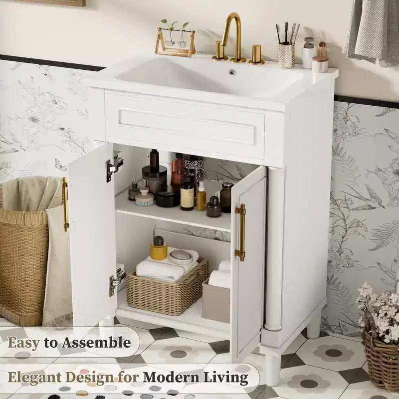 24-Zoll-Badezimmerwaschtisch mit Keramikwaschbecken, Shaker-Schrank, 2 Soft-Close-Türen, Massivholzrahmen für kleines Bad oder Gästetoilette