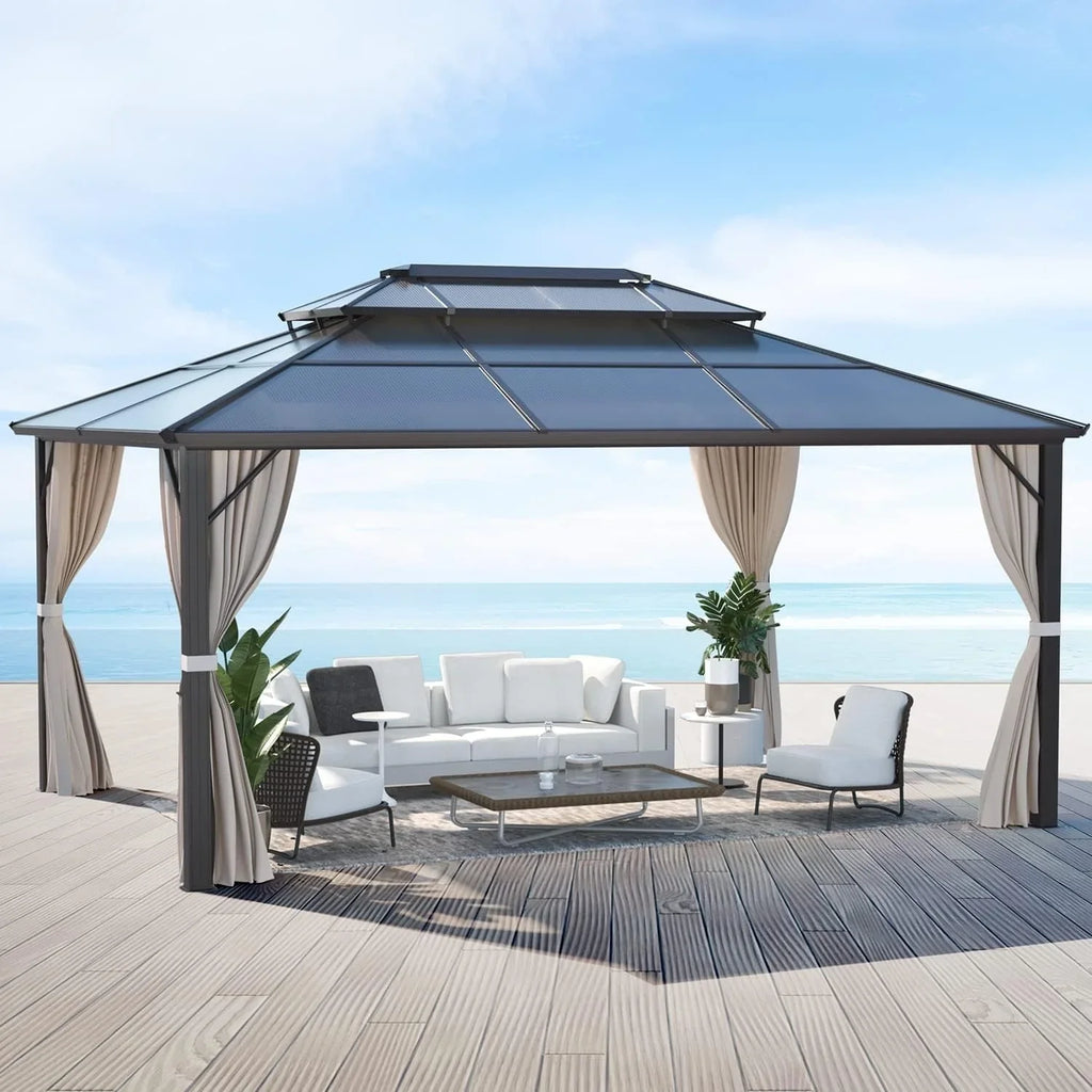 EROMMY Hardtop-Pavillon, Outdoor-Pergola mit Doppeldach & Netzen & Vorhängen, Hochleistungs-Canopy für Terrasse, Garten, Poolparty