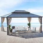 EROMMY Hardtop-Pavillon, Outdoor-Pergola mit Doppeldach & Netzen & Vorhängen, Hochleistungs-Canopy für Terrasse, Garten, Poolparty
