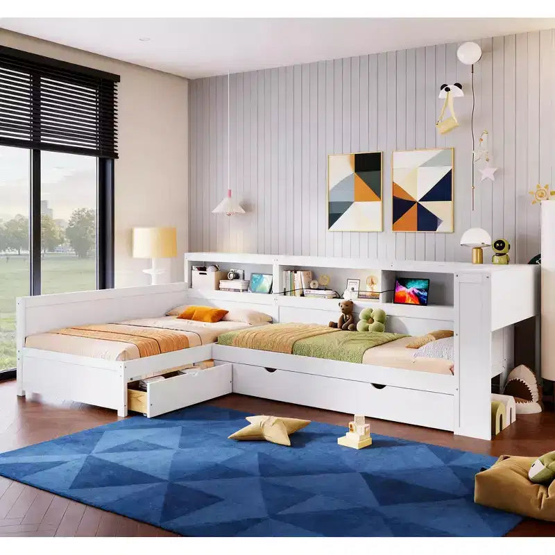 L-förmiges Plattformbett in Twin-Größe mit Rollbett und Ladestation, Holzbettgestell mit Bücherregal