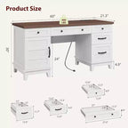 60 Executive Schreibtisch mit Schubladen, Home Office Schreibtisch mit Ladestation, Computer-Schreibtisch aus Holz für Arbeitszimmer, Konferenztisch für Wohnzimmer