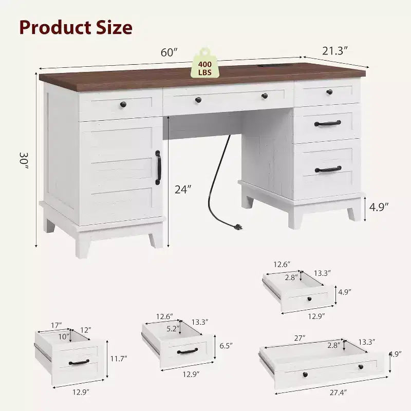 60 Executive Schreibtisch mit Schubladen, Home Office Schreibtisch mit Ladestation, Computer-Schreibtisch aus Holz für Arbeitszimmer, Konferenztisch für Wohnzimmer