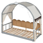 Massivholz-Spielhaus-Plattformbett, Montessori-Bettrahmen mit gewölbtem Dach und Ausziehbett für Mädchen und Jungen