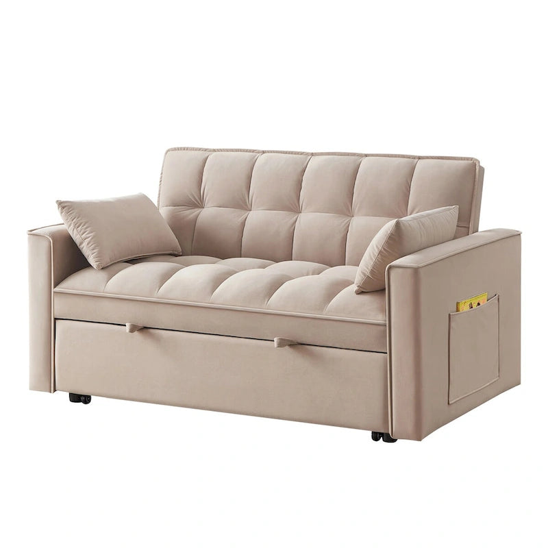 4-in-1 Loveseat Schlafsofa mit Armlehnen & Aufbewahrungstaschen, Multifunktionales getuftetes Ausziehsofa mit verstellbarer Rückenlehne