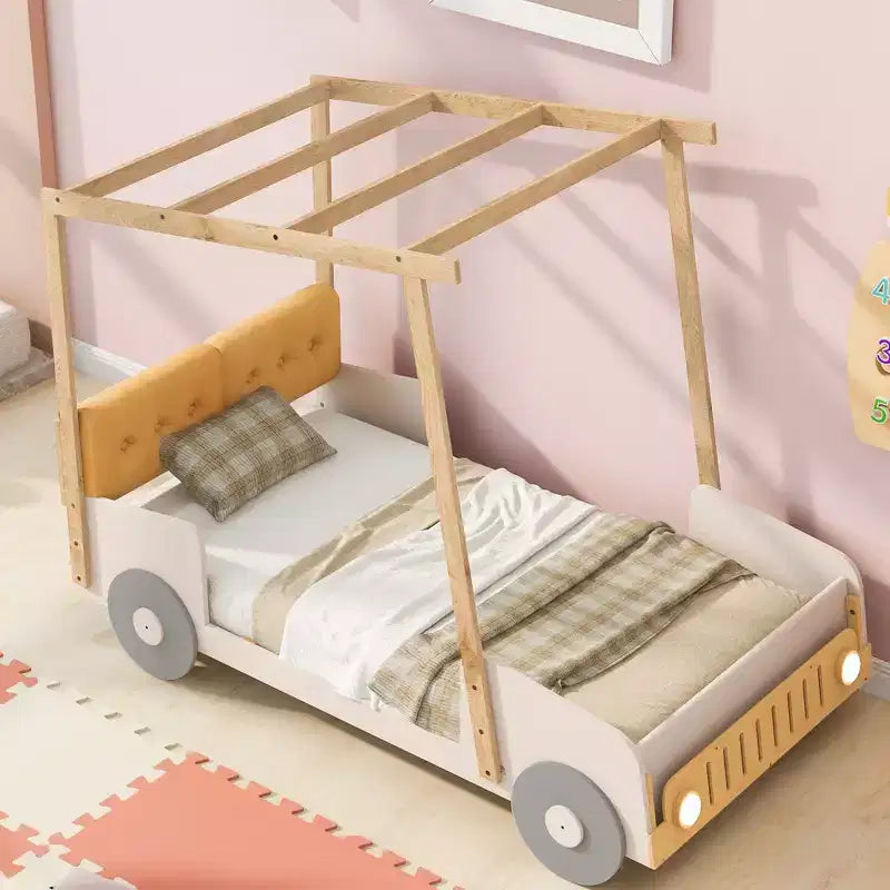 Whisen Holzauto-Bett mit Kissen, Himmelsstoff und LED – Natur