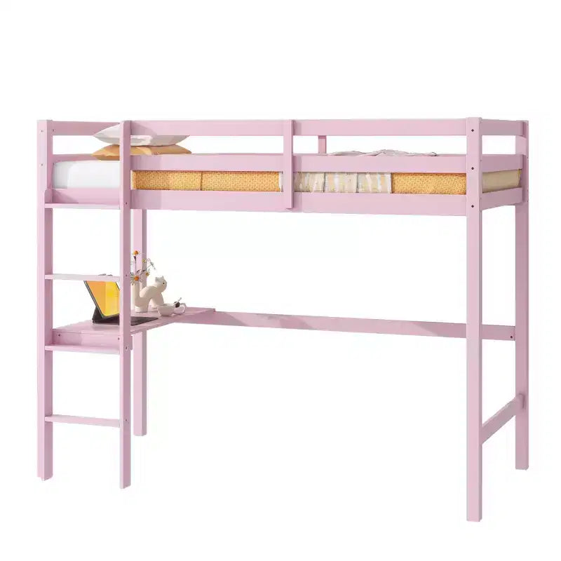 Okak Minimalism Hochbett mit Leiter, Hochbett aus Kautschukholz mit Sicherheitsgeländer und integriertem Schreibtisch, Bettrahmen für Kinder, Jugendliche