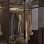 Hitow Pure Black Luxus-Kleiderschrank mit Türen aus gehärtetem Glas, 3-Farben-LED-Beleuchtung, vom Boden bis zur Decke reichender Schlafzimmerschrank-Organizer, Ankleidezimmerschrank