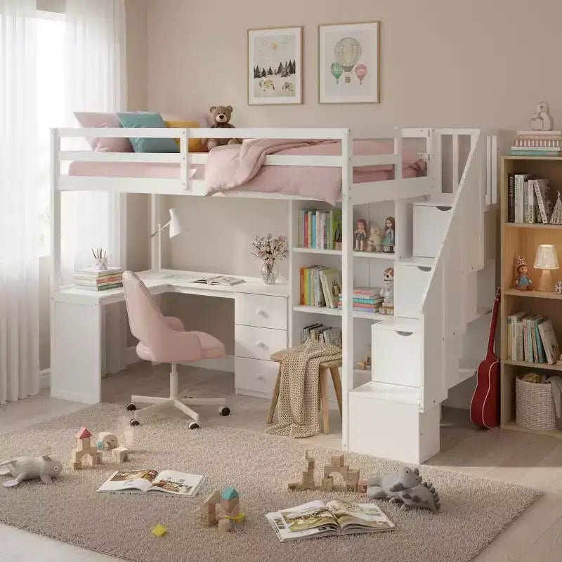 Hochbett in Twin-Größe mit L-förmigem Schreibtisch, 3 Schubladen, Schrank, Treppenstauraum, aus massivem Kiefernholz/MDF gefertigt