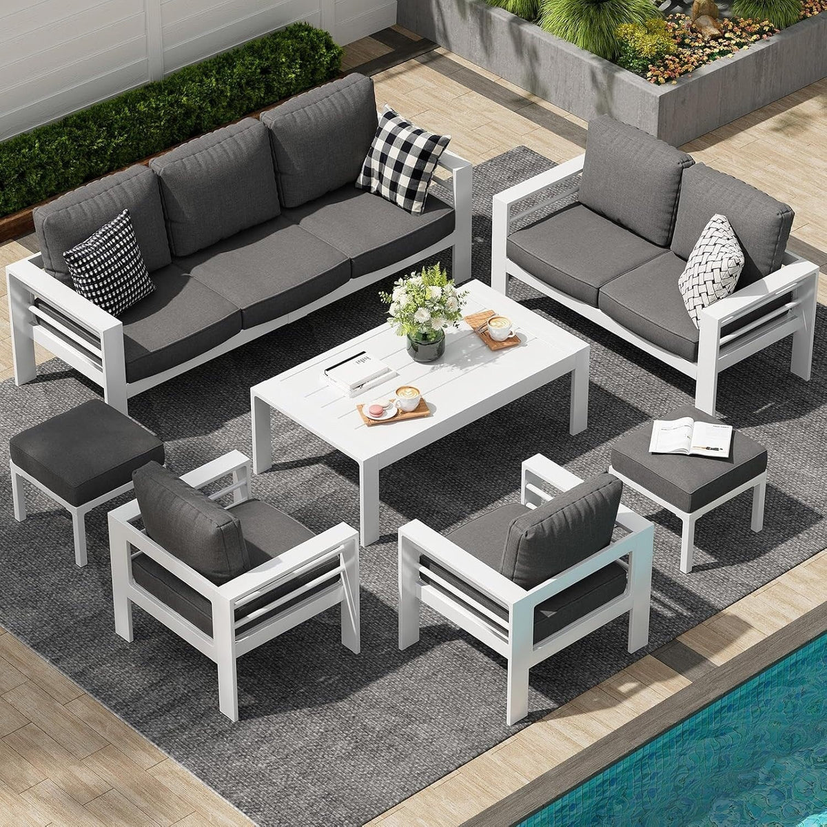 AECOJOY 7-teiliges Aluminium-Terrassenmöbel-Set Outdoor-Gesprächsgarnitur
