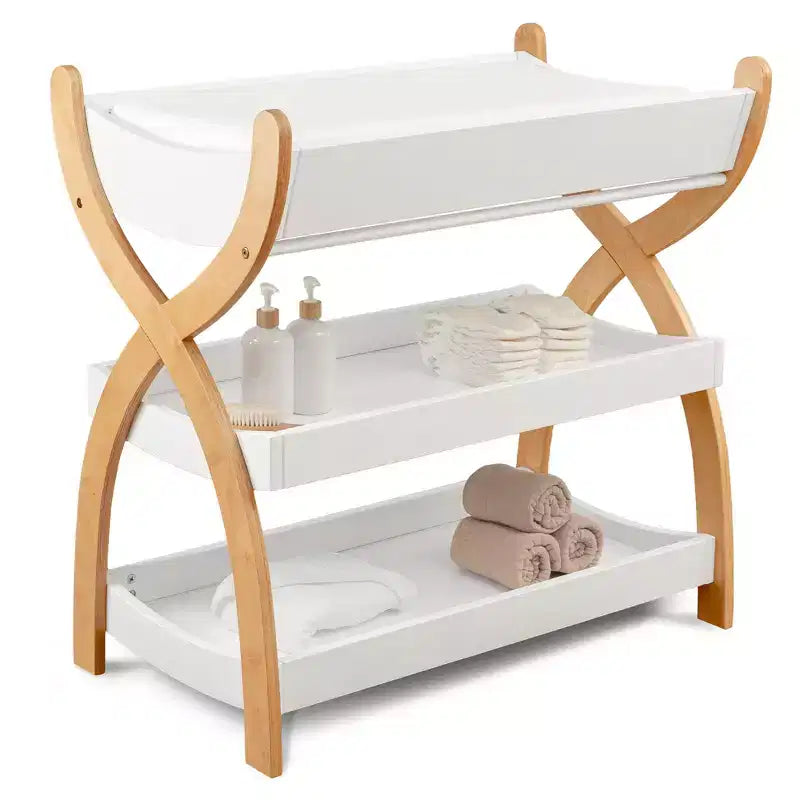 Comfy Cubs Baby-Wickeltisch – robuste Holzkonstruktion, zeitloses Design mit zwei offenen Ablagen für Babyutensilien