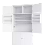 Hoher Küchenschrank mit Steckdosen, großer freistehender Schrank mit Mikrowellenständer, Schubladen, Regalen, Weinregalen und Türregal