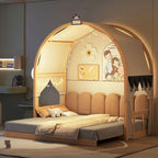 Massivholz-Spielhaus-Plattformbett, Montessori-Bettrahmen mit gewölbtem Dach und Ausziehbett für Mädchen und Jungen