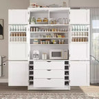 Hoher Küchenschrank mit Steckdosen, großer freistehender Schrank mit Mikrowellenständer, Schubladen, Regalen, Weinregalen und Türregal