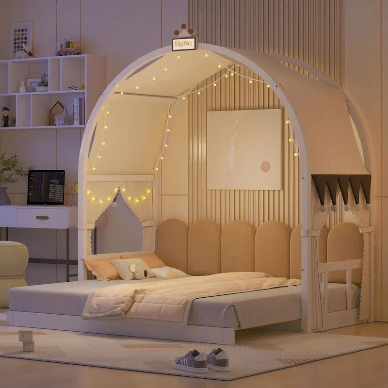 Massivholz-Spielhaus-Plattformbett, Montessori-Bettrahmen mit gewölbtem Dach und Ausziehbett für Mädchen und Jungen
