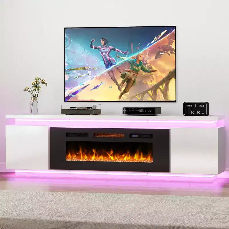 Skyzoo Elektrischer Kamin-TV-Ständer für Fernseher bis 80 Zoll mit LED-Beleuchtung & 4 Wechselstromsteckdosen, TV-Konsole für das Wohnzimmer