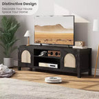 65-Zoll TV-Schrank im Bohème-Stil mit Rattantür – Hölzernes Entertainment-Center mit zwei Schränken und verstellbaren Einlegeböden, geeignet für Wohnzimmer