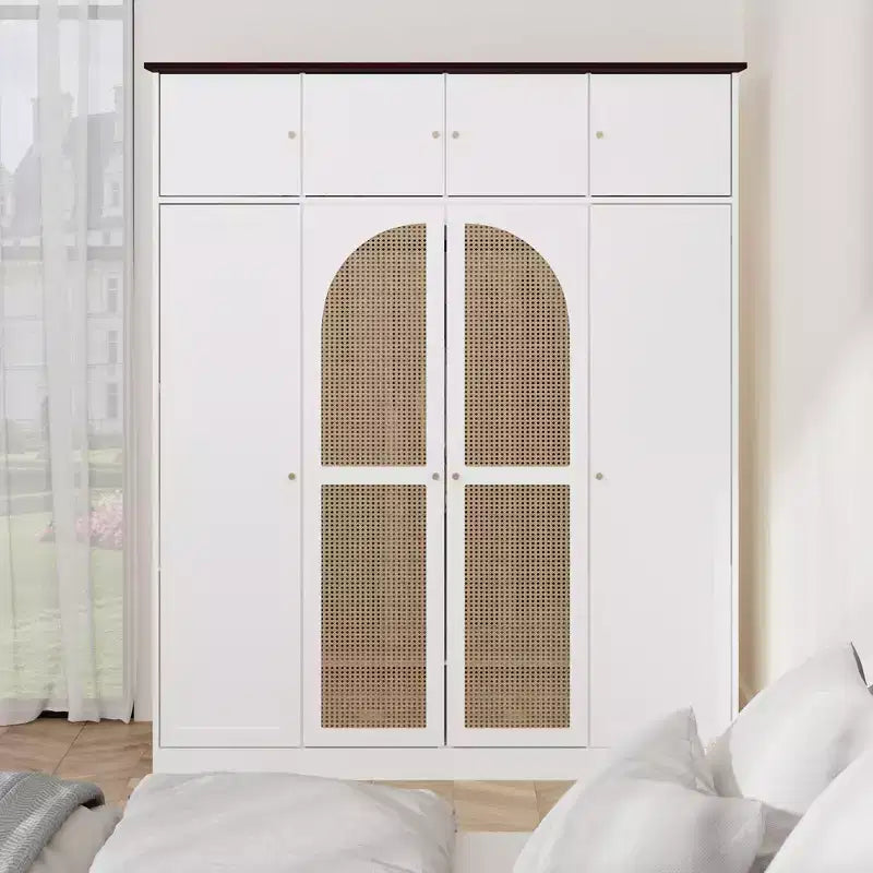 70.87Tall 8-türiger Kleiderschrank mit großer Kapazität, Kleiderstange, verstellbaren Regalböden und Rattantüren