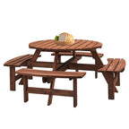 8-Personen Outdoor-Picknick-Esstisch-Garnitur aus Tannenholz, rund, mit 4 integrierten Bänken und Sonnenschirmloch