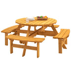 8-Personen Outdoor-Picknick-Esstisch-Garnitur aus Tannenholz, rund, mit 4 integrierten Bänken und Sonnenschirmloch