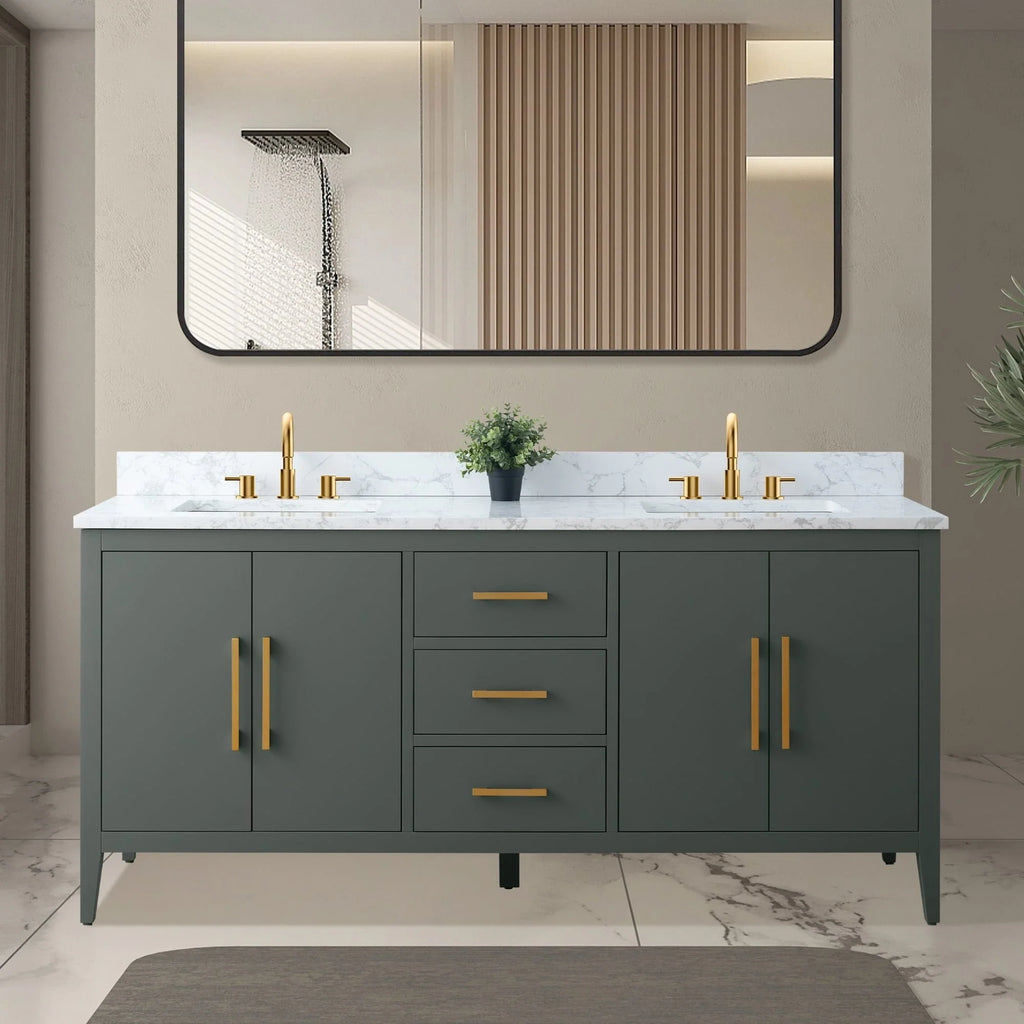 Vanity Art 72 Zoll Badezimmer-Waschtischunterschrank mit Doppelwaschbecken und Kunstmarmorplatte