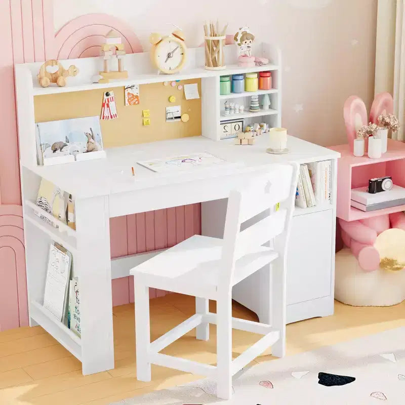 Kinder Schreibtisch & Stuhl Set mit Stauraum, Kinder Schreibtisch mit Aufsatz und neigbarer Platte, für 3-8 Jahre, Schreibtisch für Studenten im Schlafzimmer
