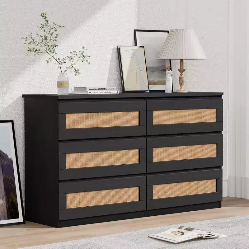 Rattan-Kommode für Schlafzimmer mit 6 Schubladen, 47" moderne Farmhouse breite Kommode, Holz-Aufbewahrungsschrank-Organizer für Kleiderschrank, Wohnzimmer, Flur