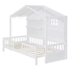 Hausbett in Twin-Größe mit Ablageregalen und Rausfallschutz, Montessori-Bettrahmen aus Holz für Kinder mit Fenster und glitzerndem Lichtband