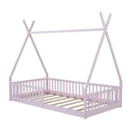 Bodenbett für Kinder, Zeltbetten in Doppelbettgröße, Montessori-Bodenbett mit Lattenrost und Zaungeländer, Holz-Hausbettgestell für Jungen und Mädchen