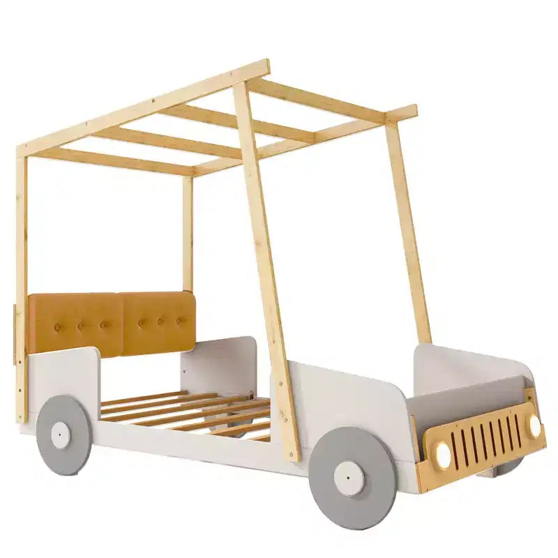 Whisen Holzauto-Bett mit Kissen, Himmelsstoff und LED – Natur