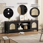 65-Zoll TV-Schrank im Bohème-Stil mit Rattantür – Hölzernes Entertainment-Center mit zwei Schränken und verstellbaren Einlegeböden, geeignet für Wohnzimmer