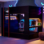 Holz-Gaming-Etagenbett in voller Größe mit integriertem Schreibtisch, Ablageregalen, 7-farbiger LED-Beleuchtung und Ladestation, Schwarz - ModernLuxe
