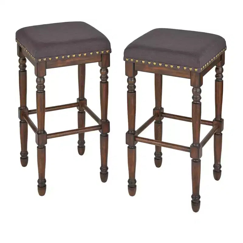 Lifestorey Set of 2 Grafton 30" Bar Height Barstool Charcoal Gray: Rustic-Brown Finish, Nailhead Trim