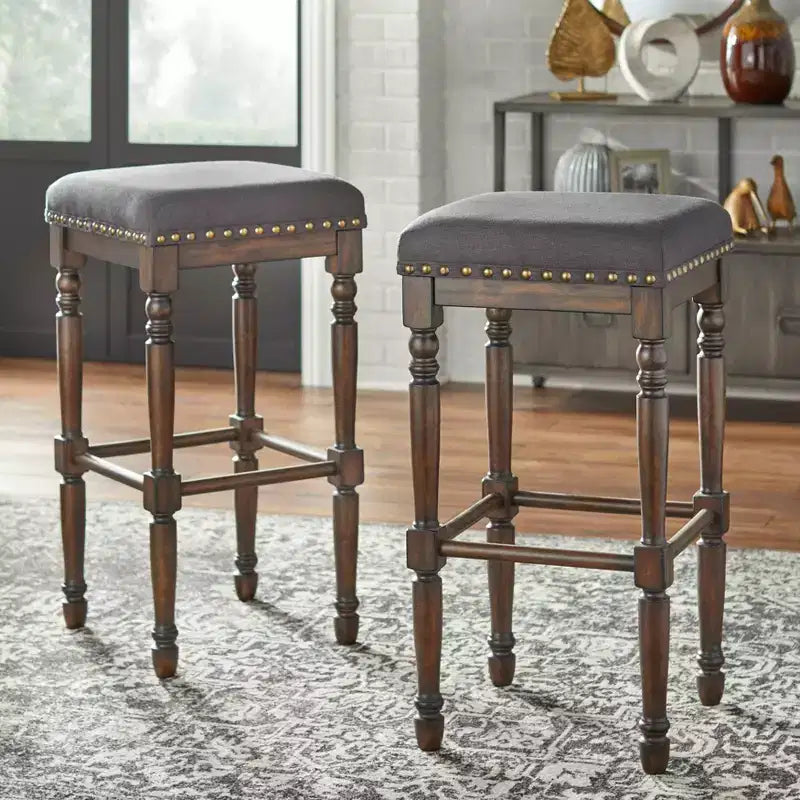 Lifestorey 2er-Set Grafton Barhocker 76 cm Kohlegrau: Rustikalbraunes Finish, Nagelbesatz