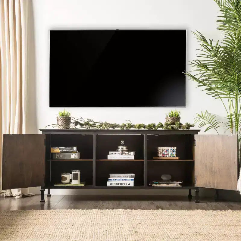 24/7 Shop At Home Kelson TV-Schrank mit mehreren Ablagen für Fernseher bis 65 Zoll: Metallbeine, Kabelführung, feste Regalböden