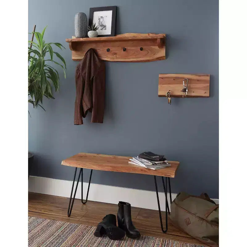 36" Haarnadel-Bank aus Massivholz mit Baumkante und Garderobenleiste, Natur - Alaterre Furniture