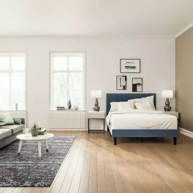 King Omkaram Polster-Plattformbettrahmen Navy - Zinus: Stahlrahmen, kein Boxspringbett erforderlich, schaumstoffgepolstertes Kopfteil