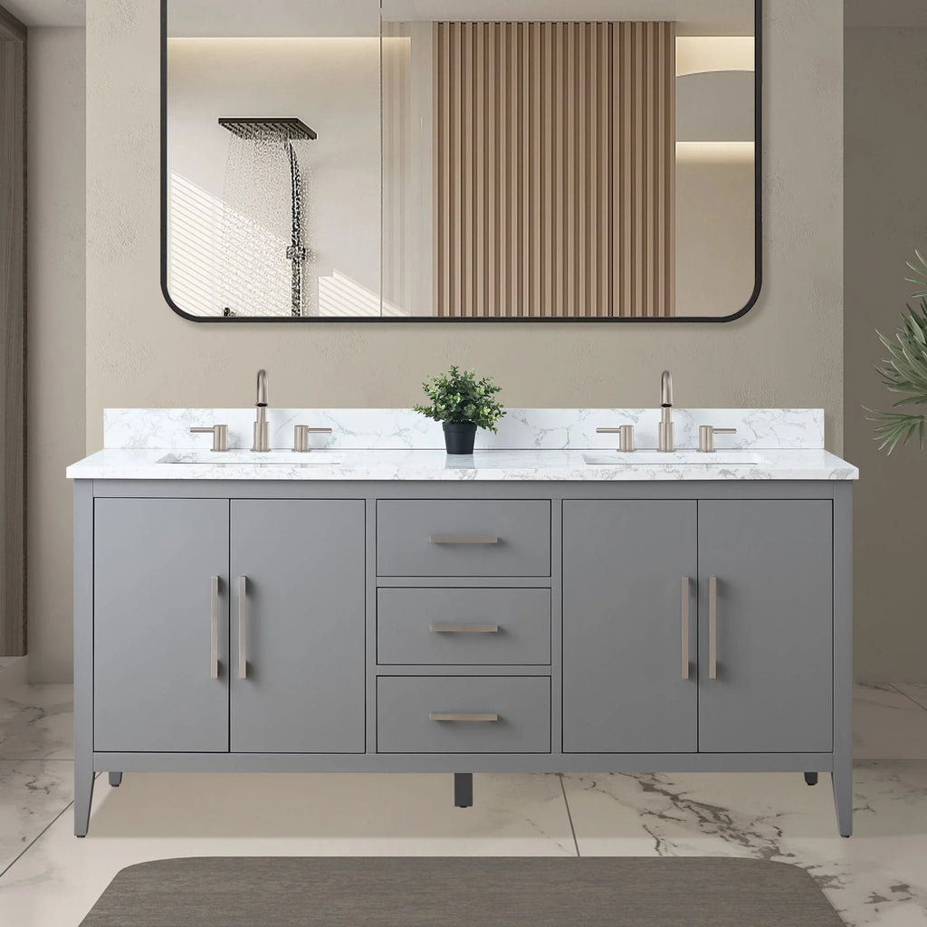 Vanity Art 72 Zoll Badezimmer-Waschtischunterschrank mit Doppelwaschbecken und Kunstmarmorplatte