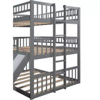 Doppelstockbett mit drei Etagen, Full-Size-Betten, umwandelbarer Leiter und Rutsche, Dreibettbett mit Schutzgeländern, Weiß/Grau/Espresso – ModernLuxe
