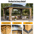 EROMMY Hardtop-Pavillon, Outdoor-Pergola mit Doppeldach & Netzen & Vorhängen, Hochleistungs-Canopy für Terrasse, Garten, Poolparty