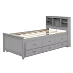 Plattformbett mit Rollbett und Schubladen, Stauraumbett mit USB-Anschluss, Holzbett mit Bücherregal