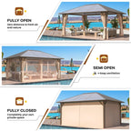 EROMMY Hardtop-Pavillon, Outdoor-Pergola mit Doppeldach & Netzen & Vorhängen, Hochleistungs-Canopy für Terrasse, Garten, Poolparty