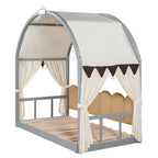 Massivholz-Spielhaus-Plattformbett, Montessori-Bettrahmen mit gewölbtem Dach und Ausziehbett für Mädchen und Jungen