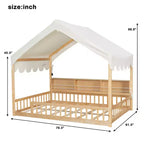 Whisen Vollholz-Bettgestell, Hausbett mit Zaun, 3 Aufbewahrungsregale, Vorhang
