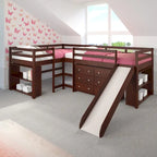 Doppeltes L-förmiges Etagenbett mit Rutsche und Schlafzimmermöbel-Set in dunklem Cappuccino