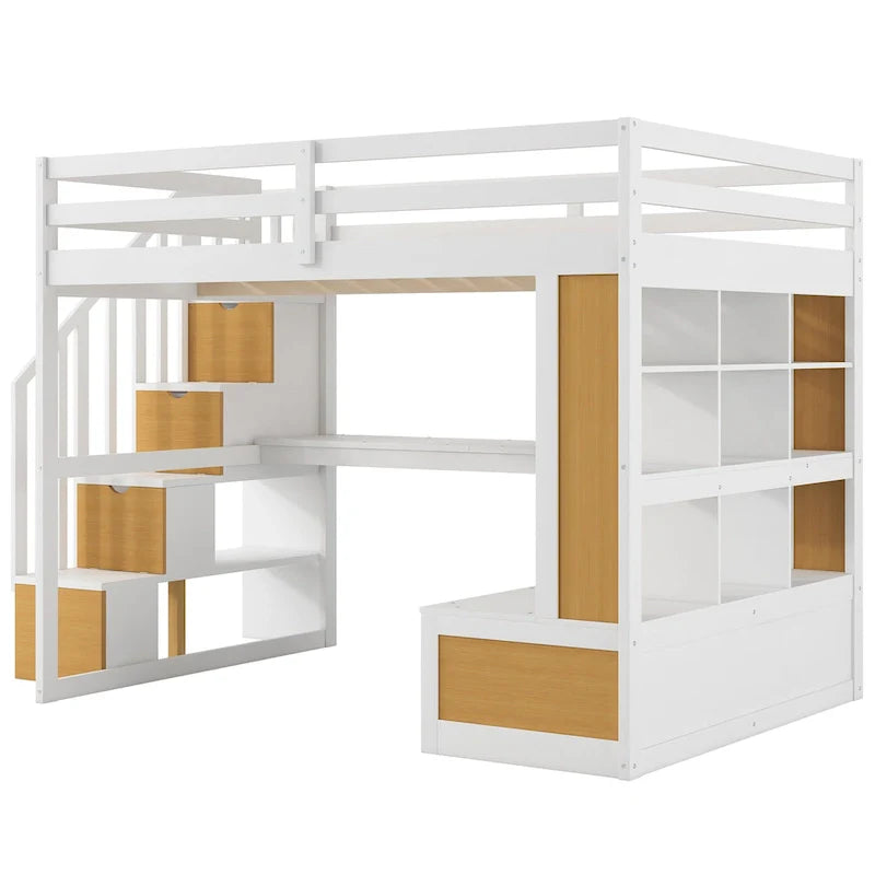 Dachbodenbett aus Massivholz (Natur+Weiß) mit Schreibtisch und Schubladen