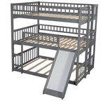 Doppelstockbett mit drei Etagen, Full-Size-Betten, umwandelbarer Leiter und Rutsche, Dreibettbett mit Schutzgeländern, Weiß/Grau/Espresso – ModernLuxe