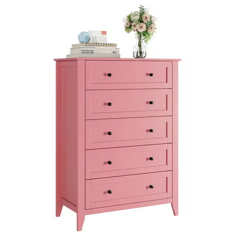 5-Schubladen-Kommode, 108 cm hoch, für das Schlafzimmer, Holzschrank mit 30 cm tiefen Schubladen und goldenen Metallgriffen, ideal für den Eingangsbereich oder Flur